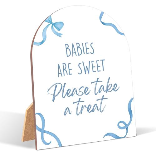 Blue Bow Babies Are Sweet Please Take a Treat Sign for Baby Shower, 6x8 Inch Arch Wooden Sign with Stand, Blue Baby Shower Table Sign, Gender Neutral Party Decoration - QW08