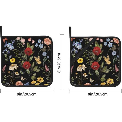 Vintage Wild Floral Pot Holders Set of 2 Retro Rose Sunflower Kitchen Decorative Heat Resistant Potholder Cotton Lining Oven Hot Pads for Cooking Baking Microwave Oven End Dishes BBQ Gifts