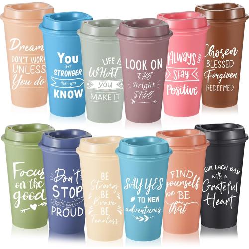 12 Pcs Inspirational Gifts for Employee Coworkers Staff Teammate, 16oz Reusable Plastic Coffee Cups with Positive Sayings, Bundle Gifts for Woman Man Coworker (Morandi Color,Inspirational)