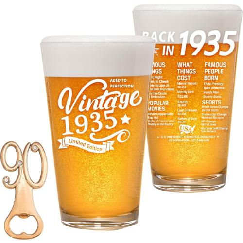 Vintage 1935 Old Time Information 90th Birthday Gifts for Men Women Beer Glass Funny 90 Year Old Presents - 16 oz Pint Glasses Party Decorations Supplies-90 Year Old Birthday Party Decorations