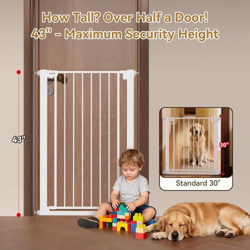 43 inch Tall Safety Dog Gate Adjustable 29.7-45.2 inch Extra-Wide Metal Pet Gate Drill-Free Pressure-Mount Installation kit Self-Closing Cat Gate for Stairwells、Doorways（White）