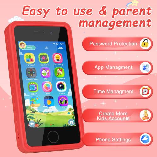 3.97 Touchscreen Kids Toys Smart Phone, Kids Phone with Games & Dual Camera, Toddler Toys Phone, Boys and Girls Learning Toy Phone for 3-9 Years Old (Red)