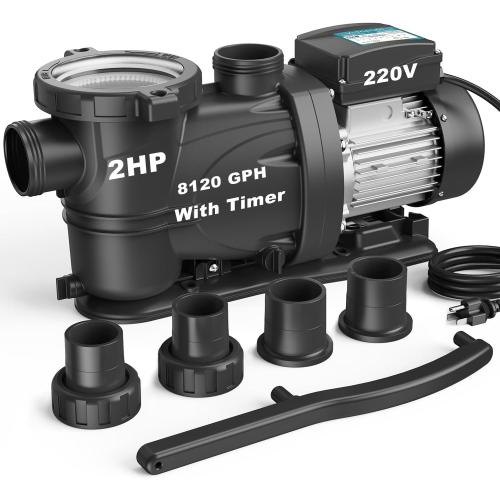 2HP In/Above Ground Pool Pump with Timer 8120GPH High Flow 220V Powerful Self Primming Swimming Pool Pumps with Filter