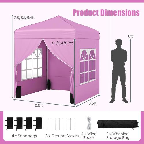 Tangkula 6.5x6.5 FT Pop Up Canopy, UPF50  Outdoor Canopy Tent with 2 Removable Sidewalls, 2 Zippered Doors, Heavy-Duty Carbon Steel Frame, Wheeled Bag, 4 Sandbags, 8 Stakes, 4 Wind Ropes (Pink)