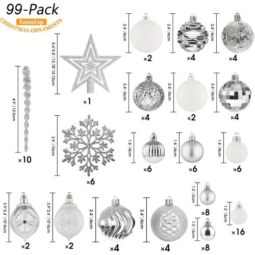 XmasExp 99-Pack Christmas Ball Ornaments Assorted Shatterproof Christmas Tree Decorations with Hand-held Gift Package for Xmas Tree,Home,Party(Silver-White)