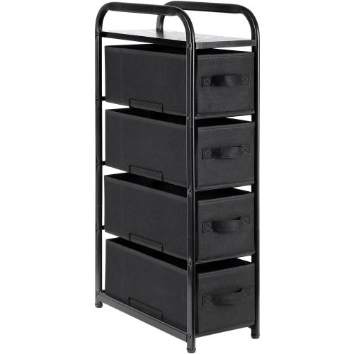 MAX Houser 4 Drawer Narrow Dresser Fabric Storage Tower Vertical Slim Storage Chest Organizer Nightstand Side/End Table Small Standing Organizer Removable Drawers Wood Top for Bedroom, Bathroom（Black)