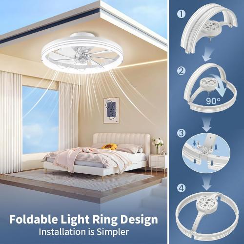 CHAREADA Ceiling Fans with Lights and Remote, 20 Foldable Fan with Light | Low Profile Stepless Color Temperature Change and 6 Speeds for Bedroom, Kids Room and Living Room (Stripe White)