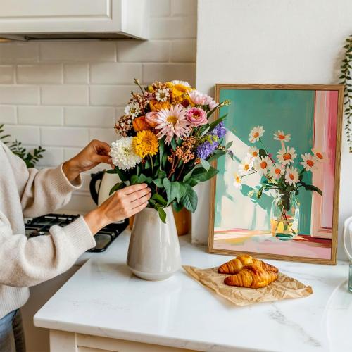 Framed Moody Floral Canvas Wall Art, Vintage Daisy Flower Pictures Wall Decor, Rustic Wildflower Paintings Prints Cottagecore Home Decor for Living Room Bedroom Bathroom 16x24 inch