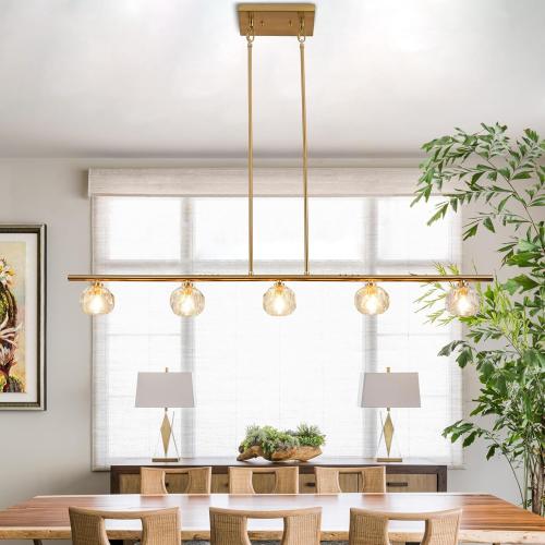 TANIN Kitchen Island Lighting Fixture, Dining Room Over Table 5 Lights Chandeliers, Height Adjustable Gold Crystal Shade Chandelier Farmhouse Pendant for Lighting Foyer Hallway Living Room -47.6