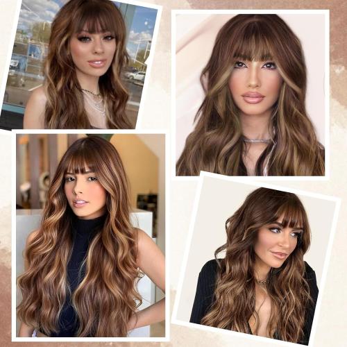 Brown Mix Blonde Wig with Bangs for Women Long Brown Highlights Wavy Wigs 26 Inch Brown Wigs Natural Looking Heat Resistant Synthetic Wig for Daily Party Use