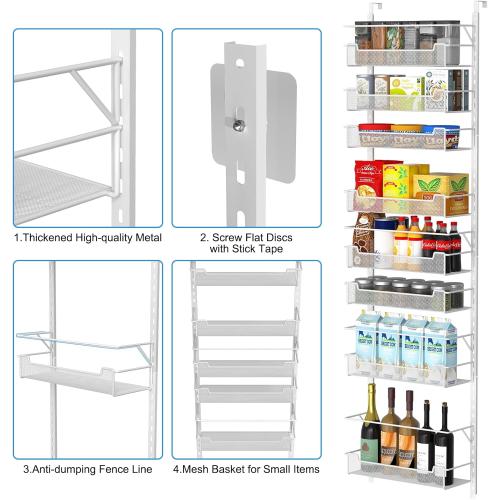 Over the Door Pantry Organizer, 8-Tier Over the Door Organizer with Adjustable Basket, Pantry Door Organization for Pantry Kitchen Storage Room Spice Rack, White