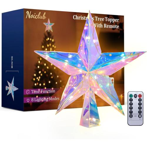 Christmas Tree Topper，11.8 PET Christmas Tree Star Topper Lighted with Remote Multicolour 20LED Lighted Treetop Decorate for Xmas Decorations Ornaments Holiday Party Indoor Decor
