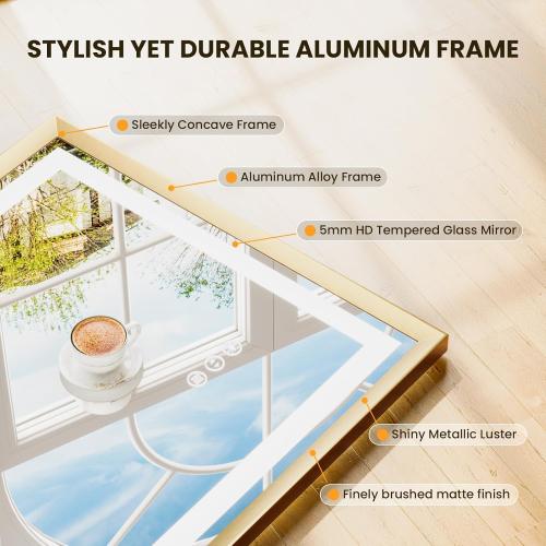 24x36 LED Mirror for Bathroom, Brushed Gold Metal Frame Mirror with Backlit   Front Lit, Bathroom Mirror with Lights, Anti-Fog, Dimmable, Lighted Mirror Tempered Glass(Horizontal/Vertical)