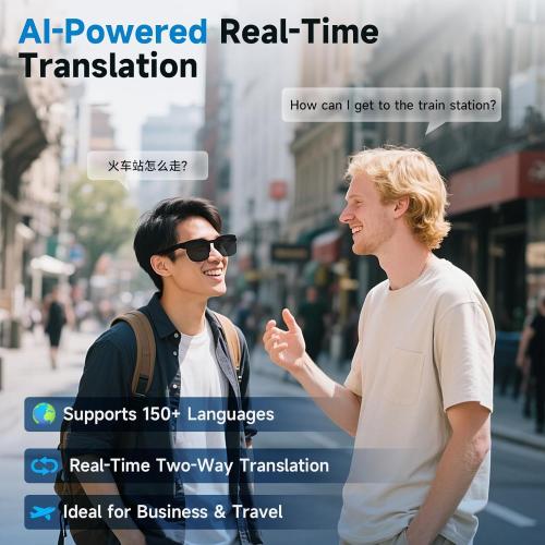 AI Translator Smart Glasses with Bluetooth Audio, Photochromic Lenses, Voice Assistant, Open-Ear Sunglasses for Men and Women, Real-Time Translation, 110  Languages Supported (Black)