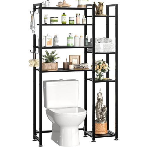 Simple Trending 8 Tier Over The Toilet Storage with Side Rack, Bathroom Organizer Metal Shelves for Towels, Black