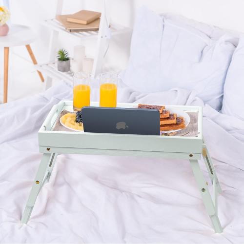 Bed Tray Table for Eating - Bamboo Breakfast Food Table with Phone Tablet Holder - Adjustable Height White Serving Tray with Folding Legs on Lap Sofa - Portable Laptop Snack Platter for Bedroom Picnic