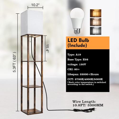 RUNTOP Floor Lamp with Shelves, Modern Shelf Lamp for Display Storage, 3 Color Temperature Wood Narrow Standing Corner Lamp with 8W Bulb for Living Room Decor, Bedroom, Office, Home Decor(Brown)