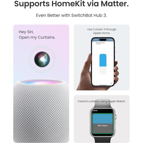 SwitchBot 2025 Automatic Curtain Opener 3 Rod-Bluetooth Remote Control, WiFi&Smartphone Control, Upgraded High-Performance, Add Hub to Compatible with Alexa, Google Home, HomeKit