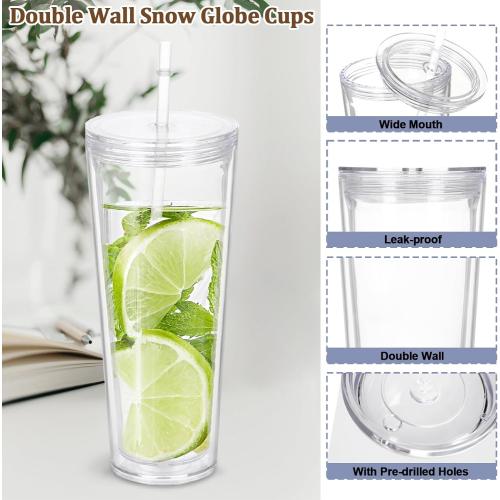 6 Pack 24Oz Snow Globe Tumblers, Double Wall Acrylic Snowglobe Cup with Pre Drilled Hole, Lids, Straws and Plug, Reusable Clear Plastic Tumbler for Snow Globe Glitter DIY