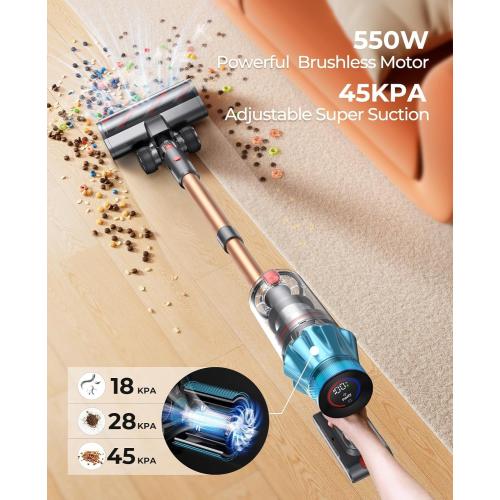Cordless Vacuum Cleaner 550W/45Kpa, Stick Vacuum Cleaners 60 Mins Max Runtime with Charging Dock, Self-Standing Handheld Vacuum with Touch Display, 6-in-1 Vacuum Cleaner for Carpet/Hard Floor/Pet Hair