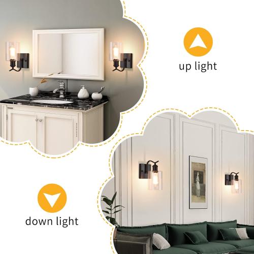 HOXIYA 2 Pack Matte Black Bathroom Vanity Light, Farmhouse Industrial Modern Wall Sconce Lighting Fixtures with Clear Glass Shade for Hallway Entryway Bathroom