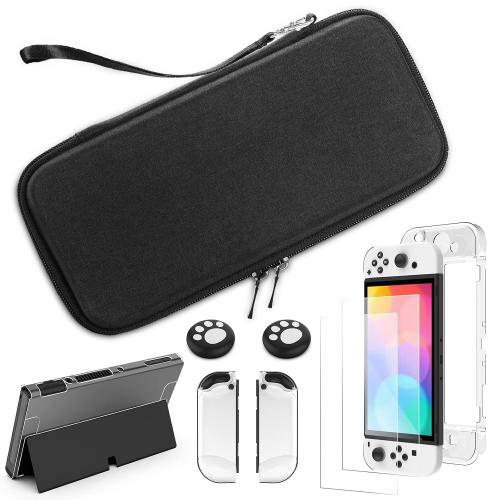 GeeRic 8PCS Case Compatible with Switch OLED 2021, Accessories Kit 1 PC Case 2 Screen Protector 1 Back 2Grip Case 2 Thumb Caps  1 Storage Carrying Black