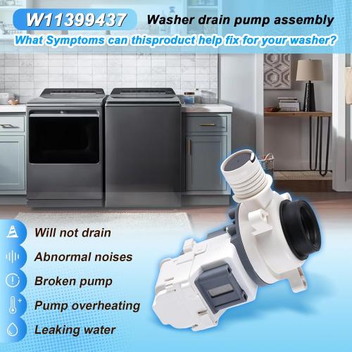W11399437 Washer Drain Pump Assembly Compatible with Whirlpool Maytag Kenmore Crosley Washing Machine, Replacement PartPD00058225 W11259498 4961028 AP6974144 PS12731241 EAP12731241