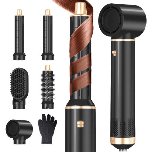 Black and Gold 5 in 1 Hair Dryer Brush Hot Air Curling Brush Negative Ion Air Styler，Multi Function Blow Dryer Brush with Curling Wand, Straightening Brush, and Volumizing Hot Air Brush for All Hair Types（Black）