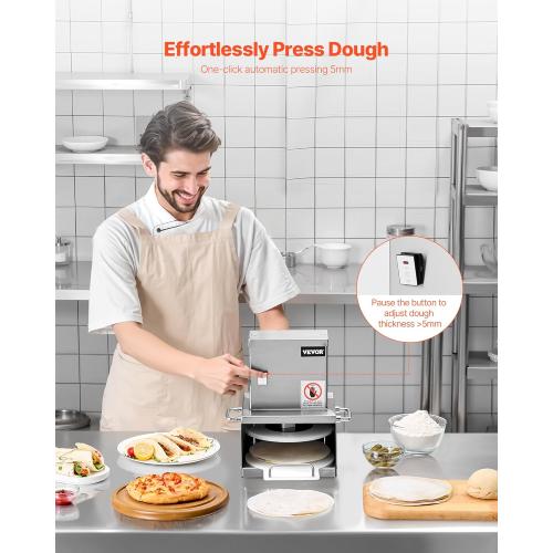 VEVOR Electric Pizza Dough Press Machine, 6 Inch Pizza Pastry Press Plate, Stainless Steel Bread Presser, Commercial Forming Machine with Adjustable Thickness and 100 Sheets of Parchment Paper