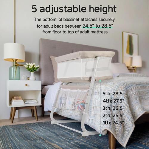 Cowiewie Bassinet Bedside Sleeper,Baby Bassinet Slides Over Bed,5-Position Height Adjustment & Breathable All-Mesh Wall Bedside Bassinet for Baby,Space-Saving Bedside Crib, Height(37.4-41.3) (Beige)