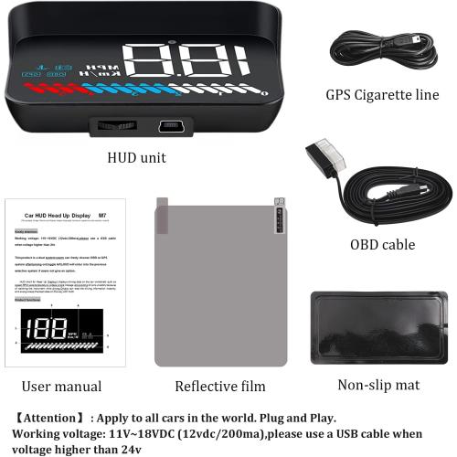 Car HUD Head Up Display M7, OBD/GPS Smart Gauge, Driving Speed, Engine RPM, Voltage, Water Temperature, Etc.., Works Great for All Cars