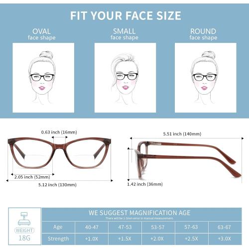Bifocal Reading Glasses Women Cat Eye Blue Light Blocking Computer Reader Clear Top No Line Transition Ladies Eyewear