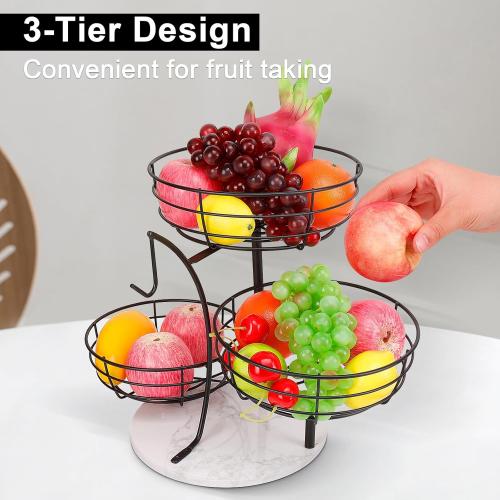 Livabber Fruit Basket Bowl with Banana Hanger, Metal Fruit Vegetable Storage Basket with Banana Holder for Kitchen Counter, Detachable Organizer for Bread Snack Produce (Black, 3-Tier Marble Base)