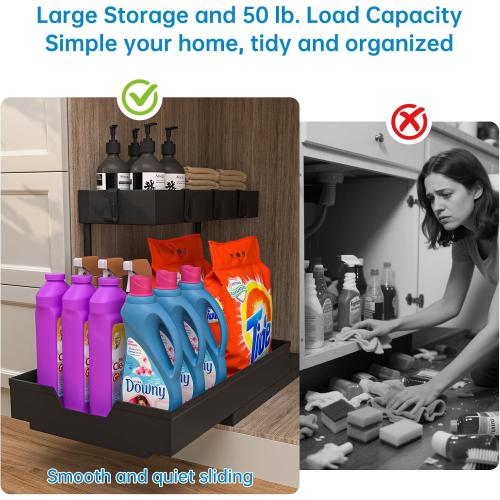 NATURE'S SOURCE 2 Pack Under Sink Organizer 2 Tier Sliding Cabinet Organizers Multi-Purpose Sink Storage Basket L-Shape Narrow Space Storage Shelves with 4 Hook for Kitchen Bathroom Drawer, Black