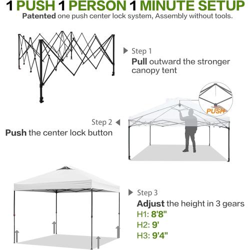 10'x10' Pop Up Canopy Tent with 1 Sidewall and 6 Pockets, One Push Setup, Instant Shade Tent with Vented Roof for Beach Patio Outdoor, Case, 8 Stakes, 4 Ropes, 4 Sandbags (White)