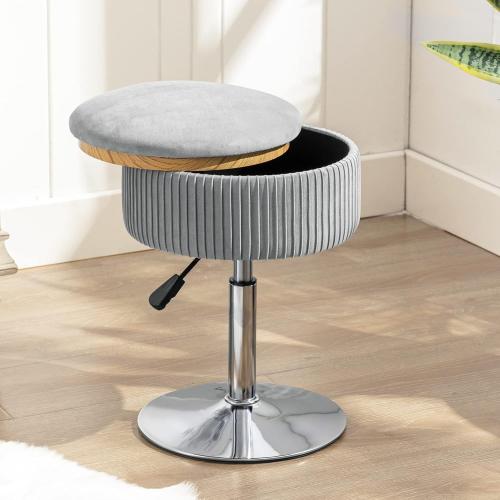 360°Swivel Vanity Stool Chair for Makeup Room, Height Adjustable Stool for Vanity with Storage, Small Grey Velvet for Bathroom, Living Room
