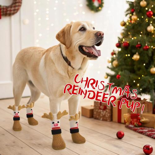 EXPAWLORER Christmas Anti Slip Dog Socks to Prevent Licking Paws, Boots & Paw Protectors with Grippers,Doggie Booties for Hardwood Floors for Large Senior Dogs Lifelike Costume Reindeer large