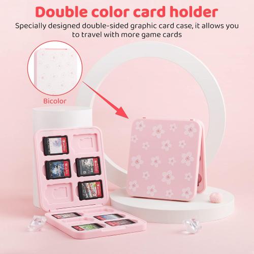 FUNDIARY Pink Carrying Travel Bag for Switch 2/Switch/OLED/Lite with Sakura Design, Portable Accessories with Pink Sakura Shoulder Bag Crossbody Backpack, 12 Game Case Holder and 2 Thumb Caps