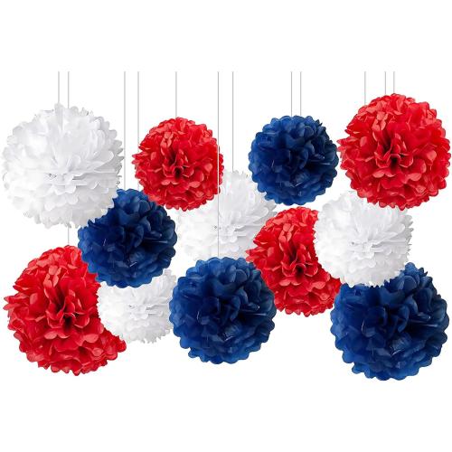 12Pcs Red White and Blue Hanging Tissue Paper Pom Poms,Pompoms Flowers for Ceiling Party Decorations