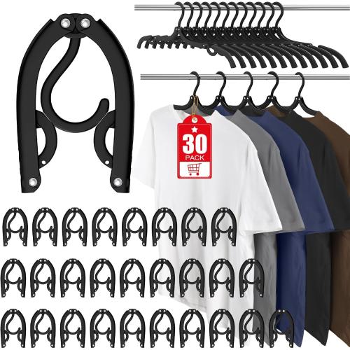30 Pcs Travel Hangers Portable Foldable Travel Hanger Organizer, Plastic Cruise Essentials Clothes Drying Rack Folding Hangers for Camping Flying RV Europe Vacation Essentials Suitcase, Black