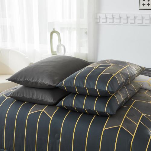 Queen Size Comforter Sets 7 Pieces Grey and Gold Striped Bedding Set Geometric Bed in A Bag