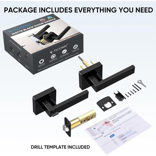 TICONN 1PK Matte Black Door Handles Interior, Reversible Square Door Levers Knob for Hallway, Bedroom, Bathroom (with Lock, 1PK Privacy)