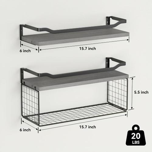 WOPITUES Floating Shelves with Wire Storage Basket, Bathroom Shelves Over Toilet with Protective Metal Guardrail, Wood Wall Shelves for Bathroom Organizers and Storage, Toilet Paper- Gray