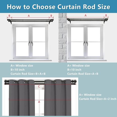 Heavy Duty 1 Inch Black Double Curtain Rod, Splicing Adjustable Design for Windows 66 to 120 Inches, with Snap-On Brackets & Decorative Finials for Sliding Doors & Living Room