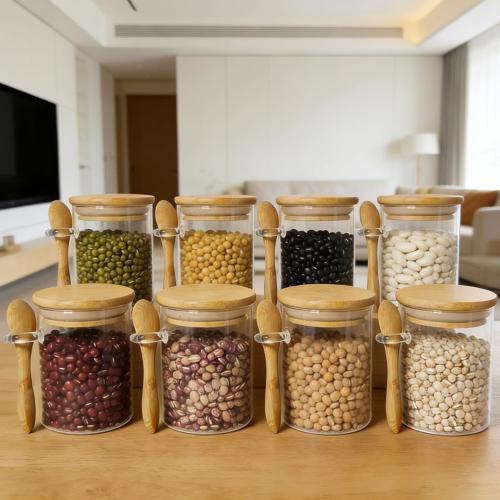7.6 oz Airtight Mini Glass Jars with Bamboo Lids and Bamboo Spoons, Spice Jars Small Food Storage Containers for Kitchen, Bathroom, Home Decor Set of 8