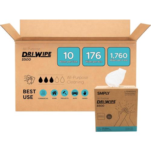 Dri-Wipe S500 by SMPLY Brands – All-Purpose Disposable Wipes, 10 Boxes of 176 (1,760 Total Wipes), Strong Alternative to Shop Towels & Paper Towels, 8 x 12 Center-Pull Sheets