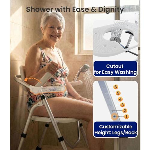 VOCIC Folding Shower Chair for Inside Shower, Lab-Tested 300lbs Heavy Duty Shower Seat for Elderly & Disabled, Flip-Up Arms, Cutout Seat, Height Adjustable Back & Legs, Portable Shower Commode Chair