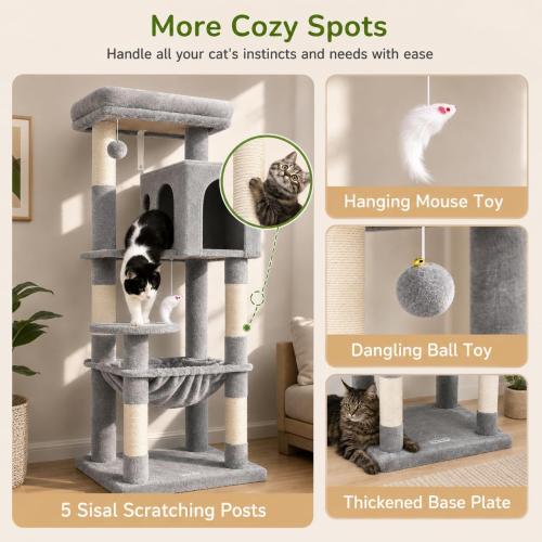 Globlazer Cat Tree Tower with Scratching Post for Indoor Cats, 53inch Tall Plush Multi-Level Cat Climbing Tower Condo House with Large Hammock, Spacious Cat Cave, Padded Top Perch Bed, F53, Light Gray