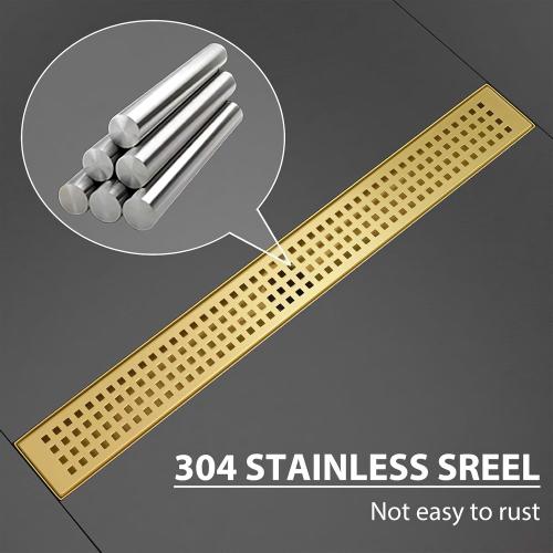 SaniteModar Linear Shower Drain, Gold Shower Drain 28 inch with Removable Grate,Brushed 304 Stainless Steel Linear Drain with Hair Strainer & Leveling Feet