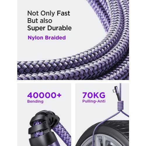 AINOPE 240W Long USB C Cable Multi 4 in 1 Charging Cable Fast Charging C Type Charger Fast Charge USB to USB C,Right Angle Fit iPhone 16 15 Pro Max iPad Samsung 10FT Purple